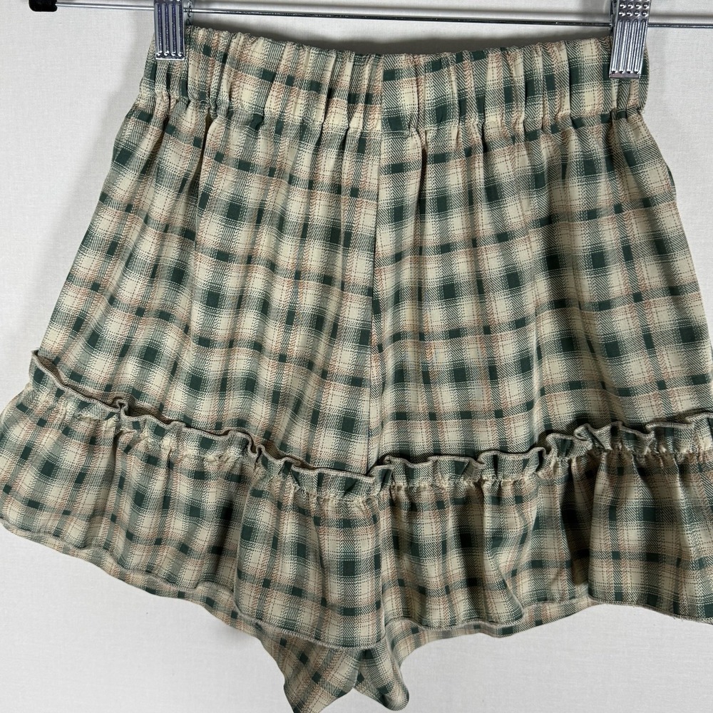 Academia Cottage Core Plaid Bloomers Mini Shorts Sage Yellow Cream Ruffles